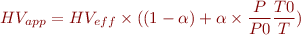 $$ HV_{app}= HV_{eff} \times ( (1-\alpha)+\alpha \times \frac{P}{P0} \frac{T0}{T}) $$